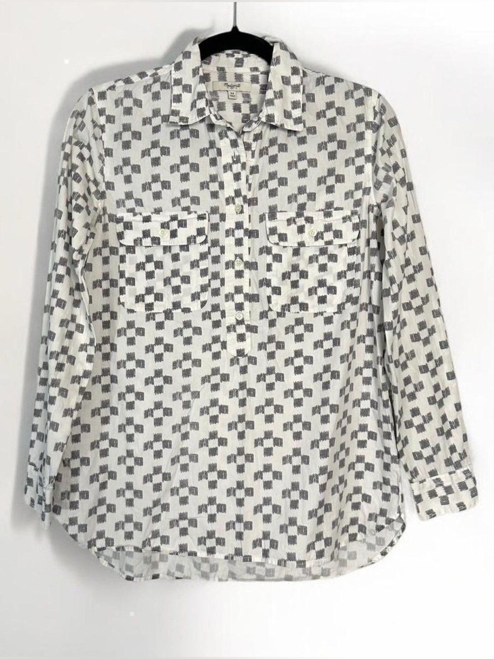 Madewell White Cotton Market Popover Collared Crosshatch Ikat Button Shirt XS